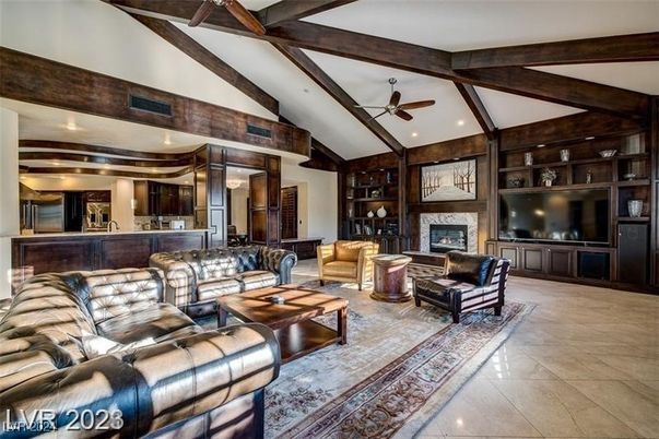 Fireplace, Interior, Living room, Recessed Lighting, Wooden Beams