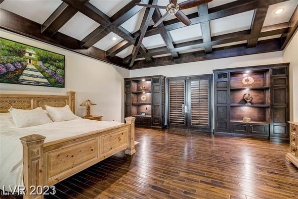 Bedroom, Interior, Recessed Lighting, Wooden Beams, Wood Texture Flooring
