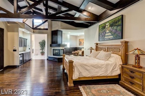 Bedroom, Fireplace, Interior, Recessed Lighting, Wooden Beams, Wood Texture Flooring