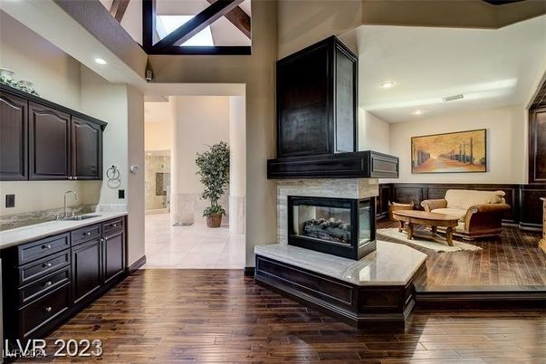 Fireplace, Interior, Living room, Recessed Lighting, Wood Texture Flooring