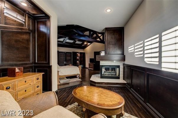 Bedroom, Fireplace, Interior, Recessed Lighting, Wood Texture Flooring