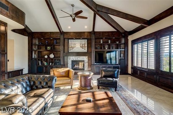 Fireplace, Interior, Living room, Recessed Lighting, Wooden Beams