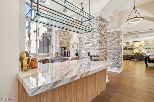 Interior, Kitchen, Pendant Lights, Recessed Lighting, Stone Walls, Wood Texture Flooring
