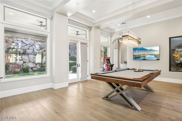 Billiard Table, Game Room, Interior, Pendant Lights, Recessed Lighting, Wood Texture Flooring