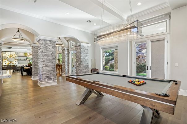Billiard Table, Game Room, Interior, Pendant Lights, Recessed Lighting, Stone Walls, Wood Texture Flooring