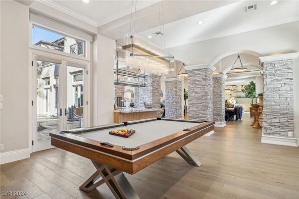 Billiard Table, Game Room, Interior, Pendant Lights, Recessed Lighting, Stone Walls, Wood Texture Flooring
