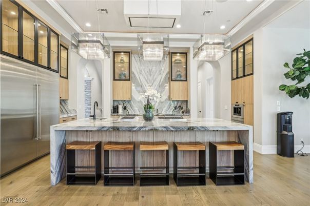 Chandelier, Interior, Kitchen, Pendant Lights, Recessed Lighting, Stainless Steel Appliances, Wood Texture Flooring