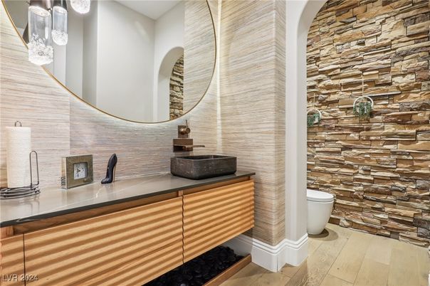 Bathroom, Interior, Stone Walls, Wood Texture Flooring