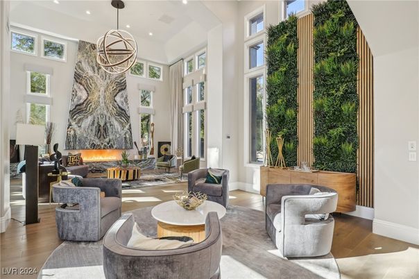 Fireplace, Interior, Living room, Pendant Lights, Recessed Lighting, Wood Texture Flooring