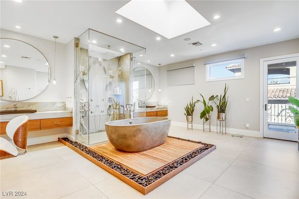 Bathroom, Free Standing Baths, Glass Shower, Interior, Marble Walls, Recessed Lighting