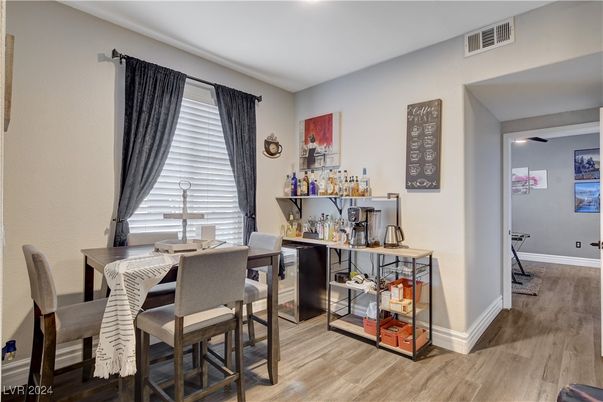Dining room, Interior, Recessed Lighting, Wood Texture Flooring