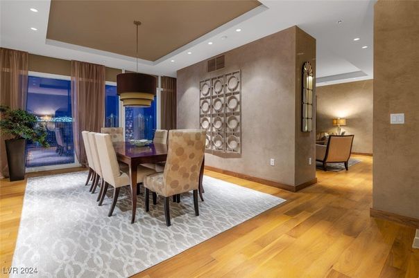 Dining room, Interior, Pendant Lights, Recessed Lighting, Wood Texture Flooring