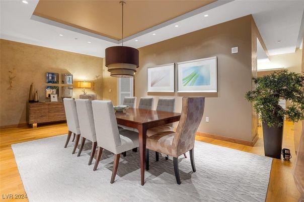 Dining room, Interior, Pendant Lights, Recessed Lighting, Wood Texture Flooring