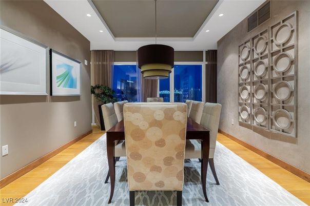 Dining room, Interior, Pendant Lights, Recessed Lighting, Wood Texture Flooring