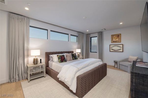 Bedroom, Interior, Recessed Lighting, Wood Texture Flooring