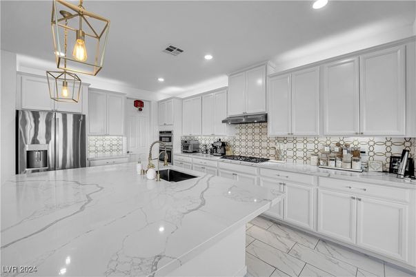 Interior, Kitchen, Marble, Pendant Lights, Recessed Lighting, Stainless Steel Appliances