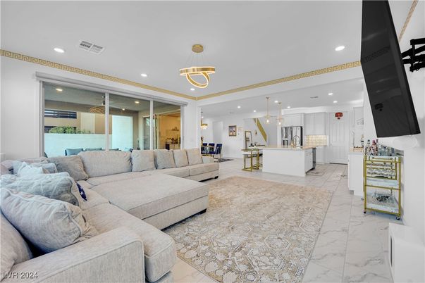 Interior, Kitchen, Living room, Marble, Pendant Lights, Recessed Lighting, Stainless Steel Appliances