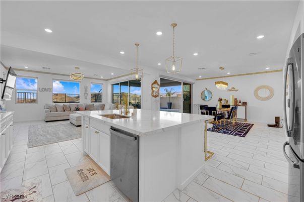 Interior, Kitchen, Living room, Marble, Pendant Lights, Recessed Lighting, Stainless Steel Appliances