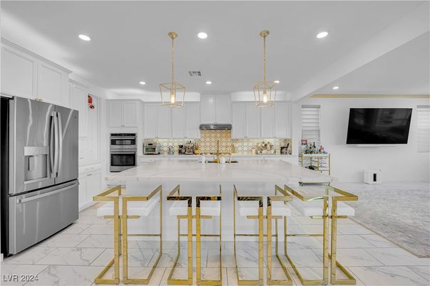 Interior, Kitchen, Marble, Pendant Lights, Recessed Lighting, Stainless Steel Appliances