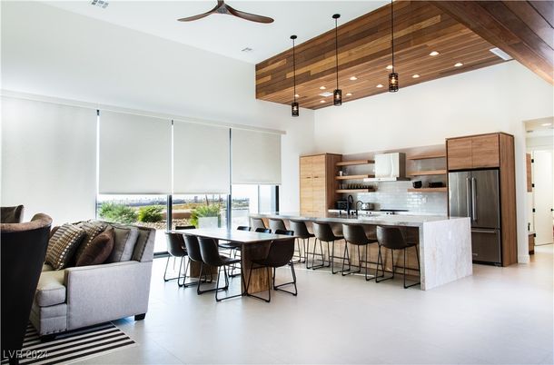 Dining room, Interior, Kitchen, Pendant Lights, Recessed Lighting, Stainless Steel Appliances, Wooden Ceilings