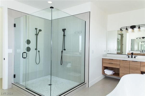 Bathroom, Dual Sink Vanities, Glass Shower, Interior, Recessed Lighting