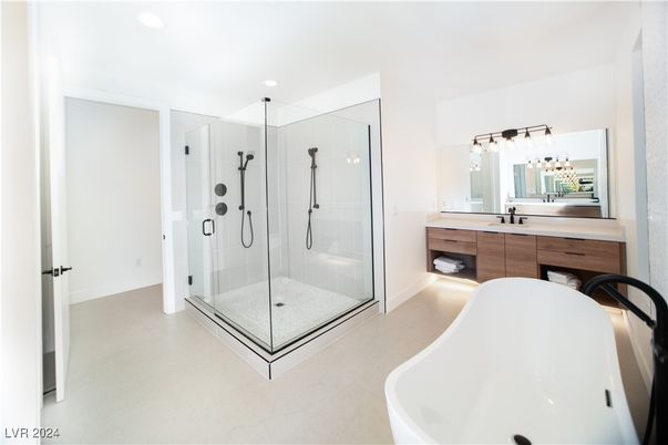 Bathroom, Dual Sink Vanities, Free Standing Baths, Glass Shower, Interior, Recessed Lighting