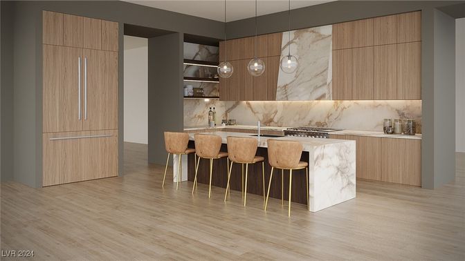 Interior, Kitchen, Marble Walls, Pendant Lights, Wood Texture Flooring