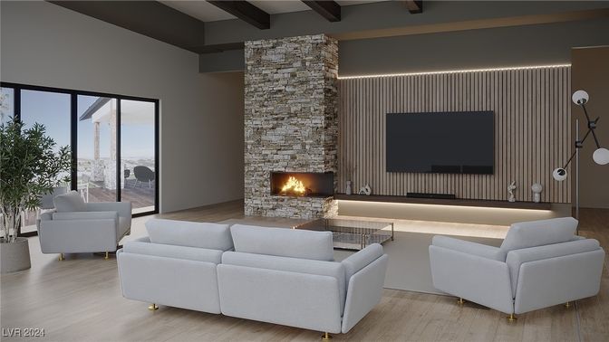 Fireplace, Interior, Living room, Stone Walls, Wooden Beams, Wood Texture Flooring