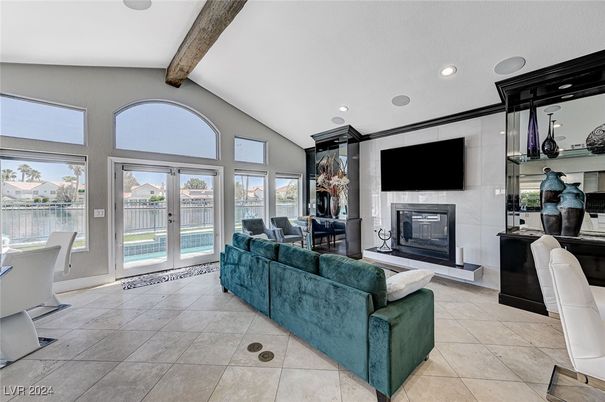 Fireplace, Interior, Living room, Recessed Lighting, Wooden Beams