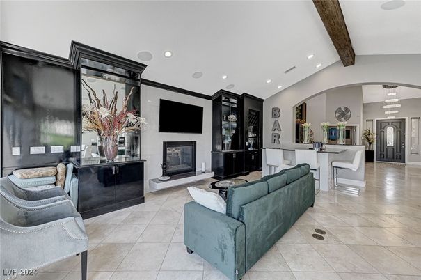 Dining room, Fireplace, Interior, Living room, Recessed Lighting, Wooden Beams