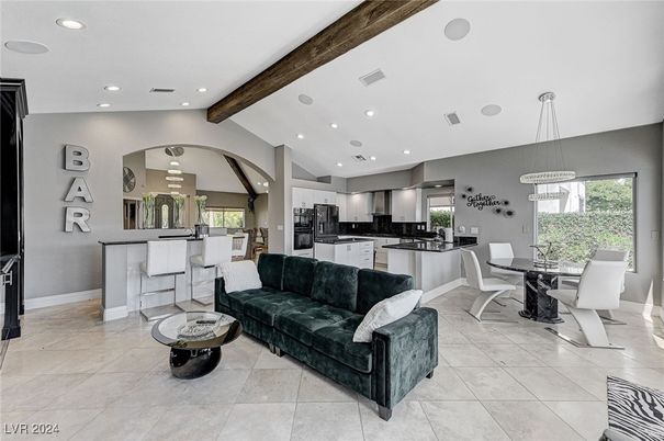 Dining room, Interior, Kitchen, Living room, Pendant Lights, Recessed Lighting, Stainless Steel Appliances, Wooden Beams