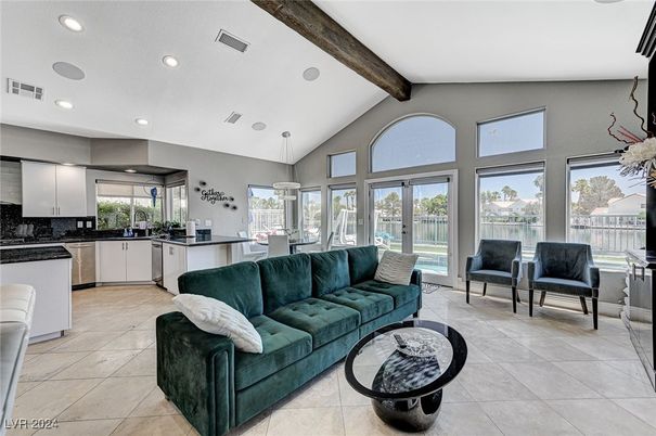 Dining room, Interior, Kitchen, Living room, Pendant Lights, Recessed Lighting, Stainless Steel Appliances, Wooden Beams