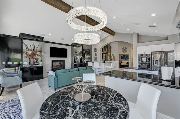 Fireplace, Interior, Kitchen, Living room, Marble, Pendant Lights, Recessed Lighting, Stainless Steel Appliances, Wooden Beams