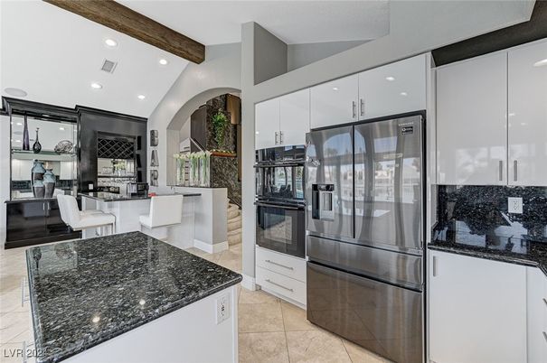 Dining room, Interior, Kitchen, Living room, Recessed Lighting, Stainless Steel Appliances, Wooden Beams