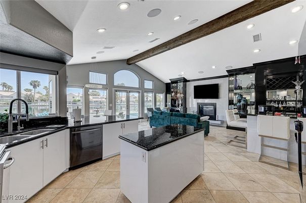 Dining room, Fireplace, Interior, Kitchen, Living room, Pendant Lights, Recessed Lighting, Stainless Steel Appliances, Wooden Beams