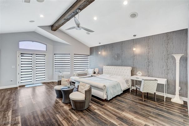 Bedroom, Interior, Recessed Lighting, Wooden Beams, Wood Texture Flooring