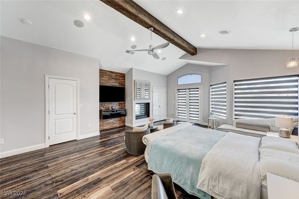 Bedroom, Fireplace, Interior, Pendant Lights, Recessed Lighting, Wooden Beams, Wood Texture Flooring