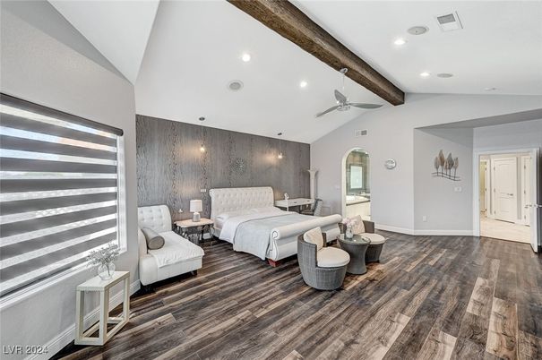Bedroom, Interior, Recessed Lighting, Wooden Beams, Wood Texture Flooring