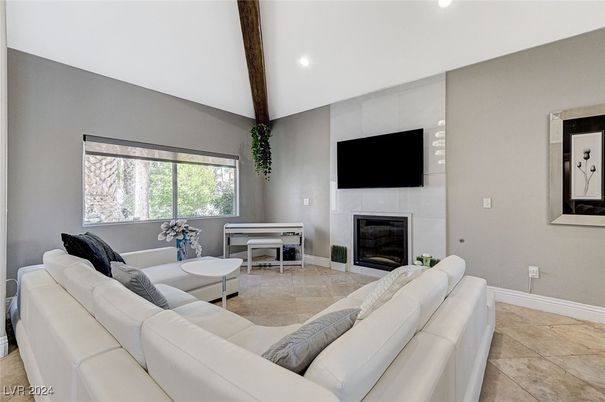 Fireplace, Interior, Living room, Recessed Lighting, Wooden Beams