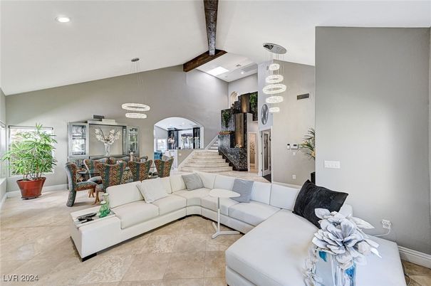Dining room, Interior, Living room, Pendant Lights, Recessed Lighting, Wooden Beams