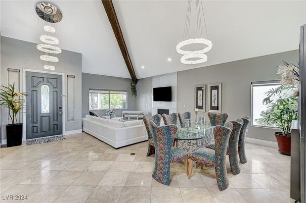 Dining room, Interior, Living room, Pendant Lights, Recessed Lighting, Wooden Beams