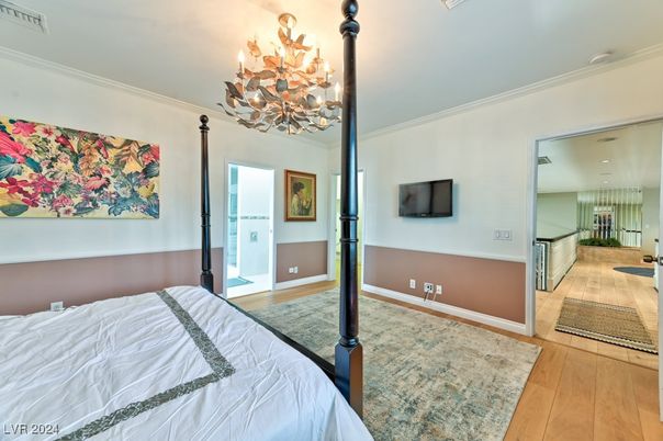 Bedroom, Chandelier, Interior, Wood Texture Flooring