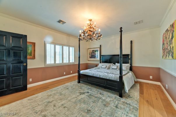 Bedroom, Chandelier, Interior, Wood Texture Flooring