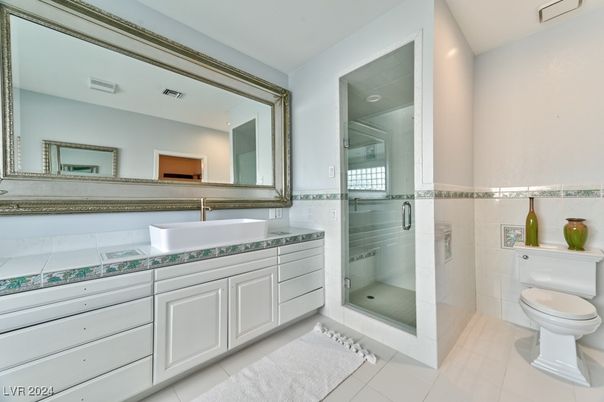 Bathroom, Glass Shower, Interior, Recessed Lighting, Tile Countertops