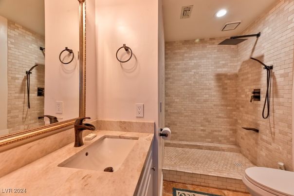 Bathroom, Glass Shower, Interior, Recessed Lighting, Stone Walls