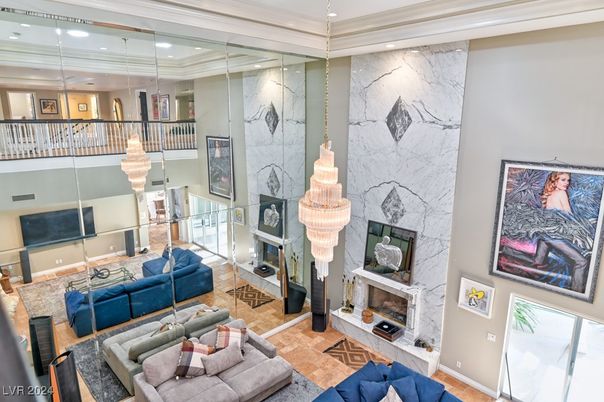 Fireplace, Interior, Living room, Marble Walls, Pendant Lights, Recessed Lighting