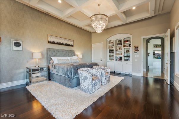 Bedroom, Chandelier, Interior, Recessed Lighting, Wood Texture Flooring