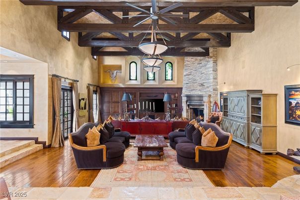 Fireplace, Interior, Living room, Pendant Lights, Stone Walls, Wooden Beams, Wood Texture Flooring