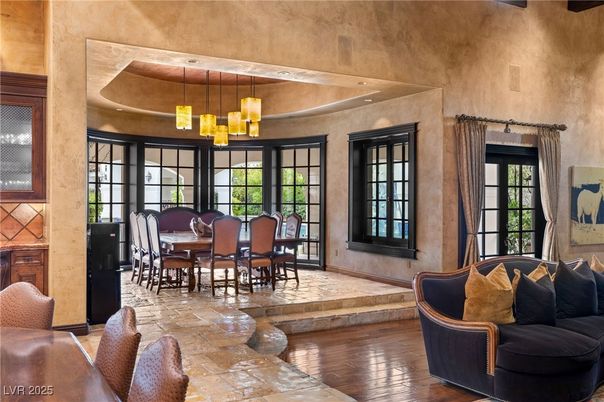 Dining room, Interior, Pendant Lights, Wood Texture Flooring