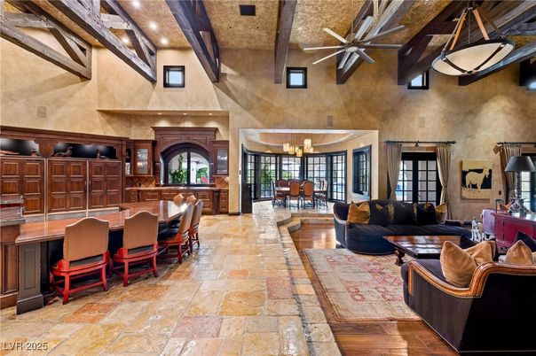 Chandelier, Dining room, Interior, Living room, Recessed Lighting, Wooden Beams